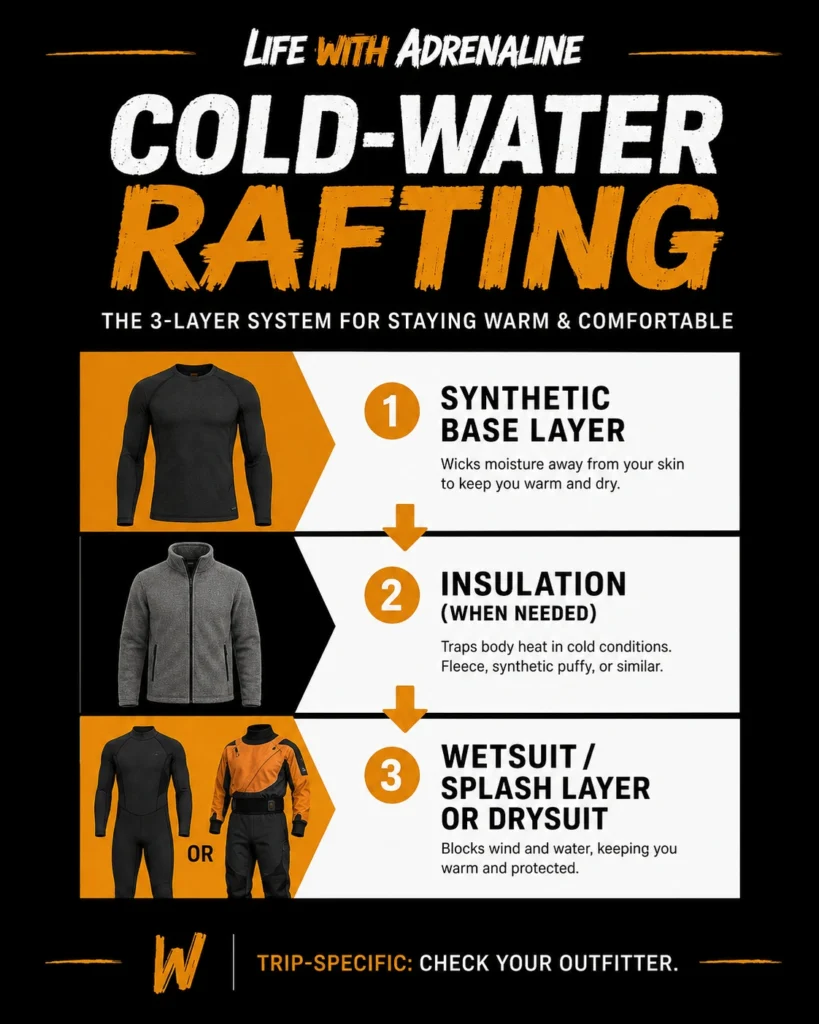 Layering diagram for cold-water whitewater rafting showing a synthetic base layer, insulation, and a wetsuit, splash layer, or drysuit.