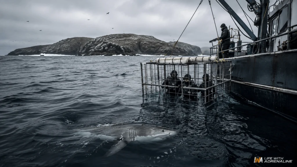 Great white shark swimming near a cage during a cold-water offshore expedition at the Farallon Islands.