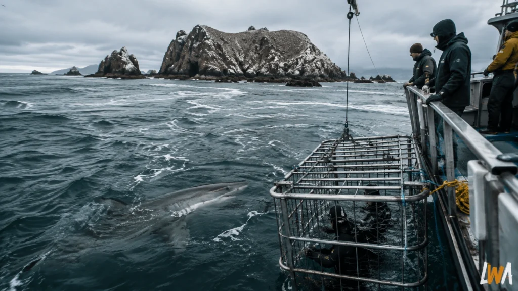 Great white shark near a cage in cold waters around the Farallon Islands off California