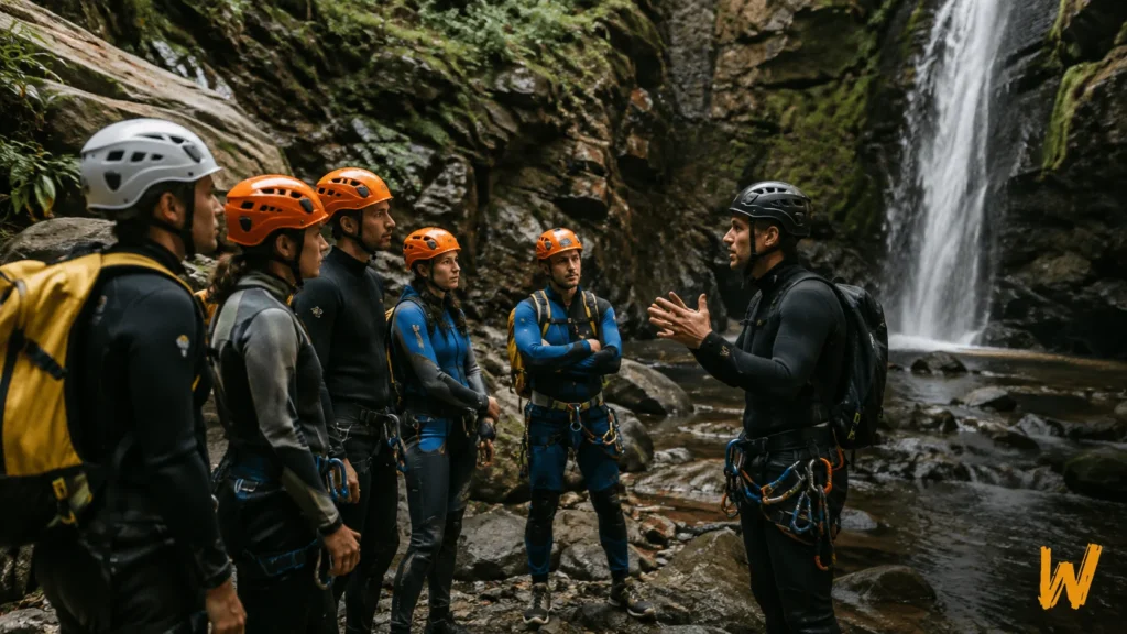 First-time canyoning group receiving a pre-trip briefing near a waterfall canyon.