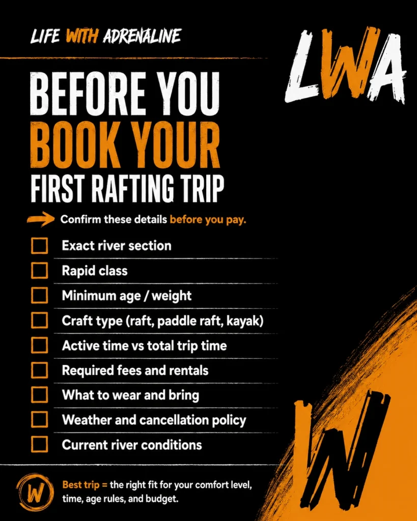 Checklist of important details first-time whitewater rafters should confirm before booking a trip.