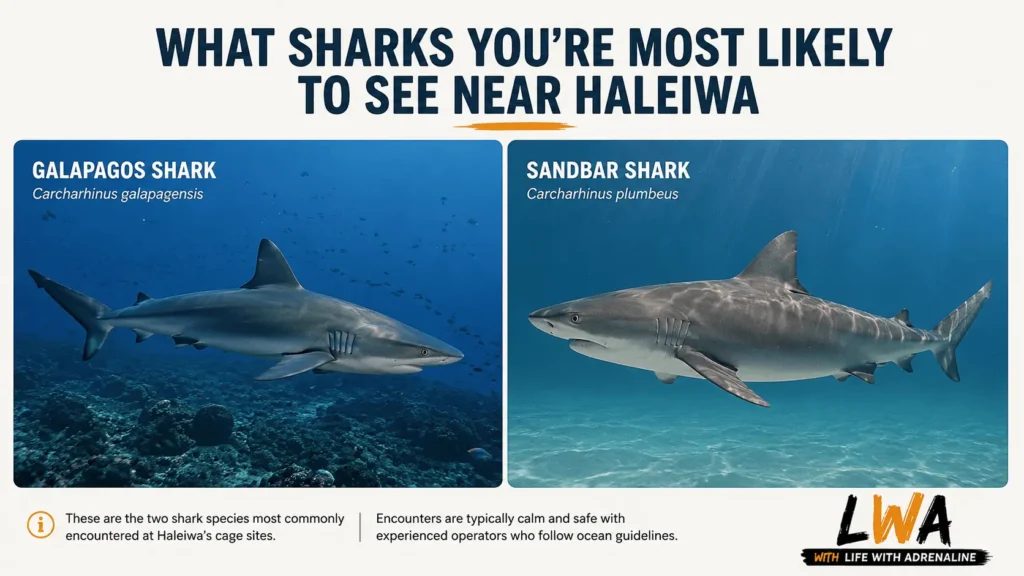 Side-by-side Galapagos shark and sandbar shark reference images for Haleiwa shark cage tours.