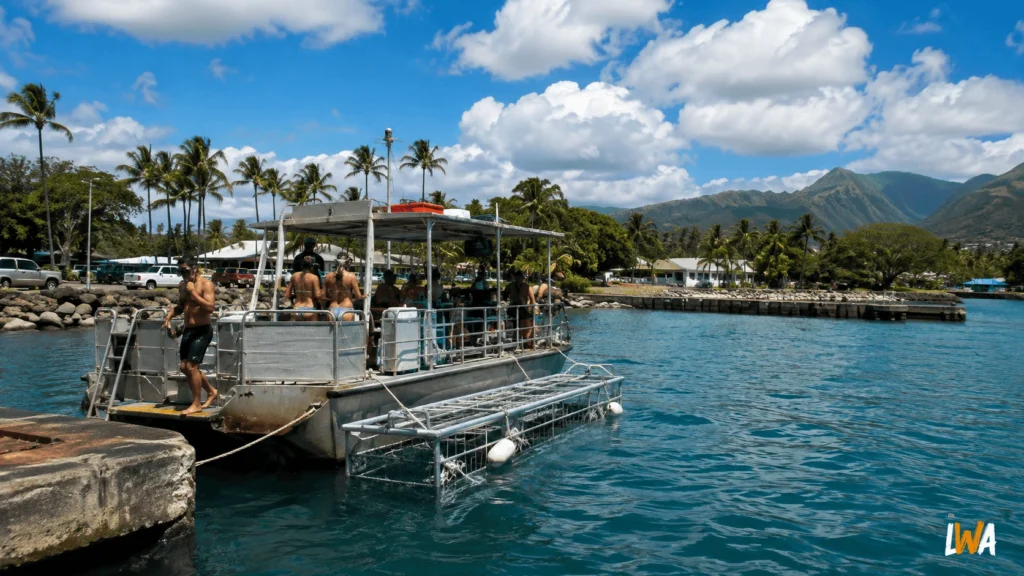Shark cage tour boat and surface cage near Haleiwa Harbor on Oahu’s North Shore with guests preparing for departure.