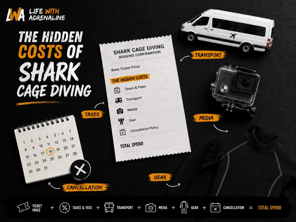 Travel budget illustration showing a shark cage diving booking receipt, shuttle, action camera, wetsuit, and cancellation calendar.