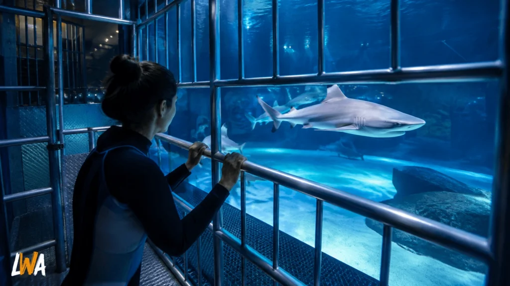 Participant inside a shark cage in the Long Island Aquarium shark exhibit in Riverhead New York
