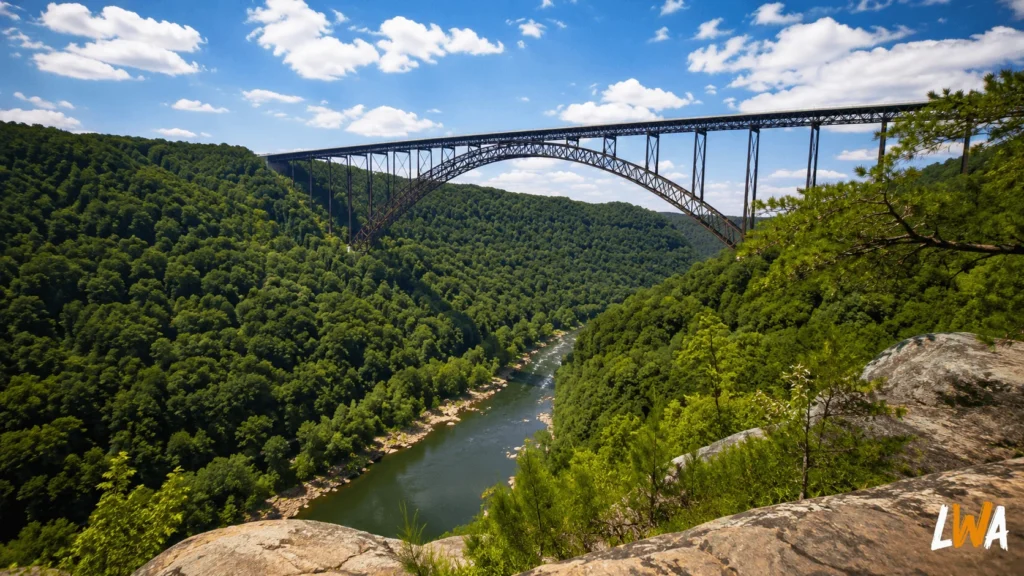 New River Gorge Bridge spanning the forested gorge above the New River near Fayetteville, West Virginia.