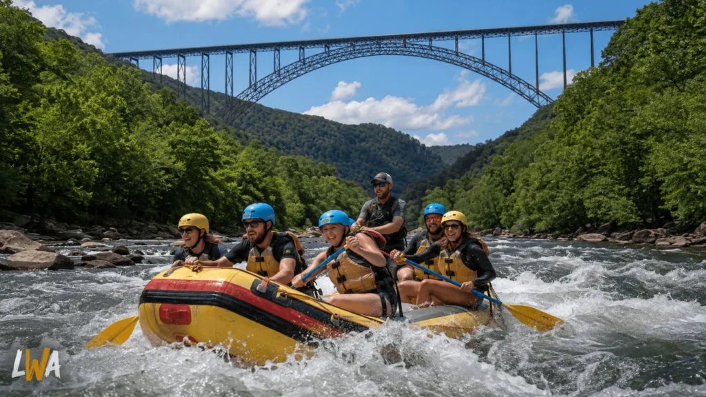 Guided rafting crew navigating whitewater below the New River Gorge Bridge in West Virginia.