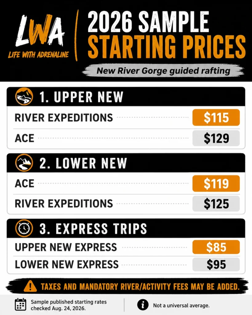 2026 starting-price comparison for Upper New, Lower New and Express guided rafting trips in New River Gorge.