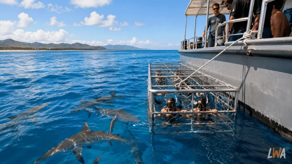 Surface shark cage off Oahu’s North Shore with snorkelers inside and wild sharks swimming outside the cage beside the boat.