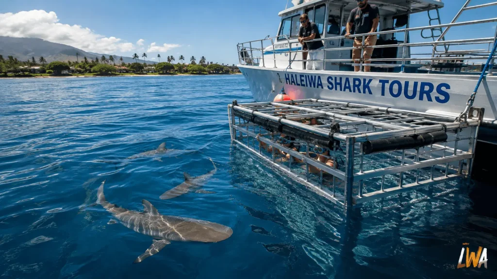 Surface shark cage beside a tour boat off Oahu’s North Shore with wild sharks swimming outside the cage.