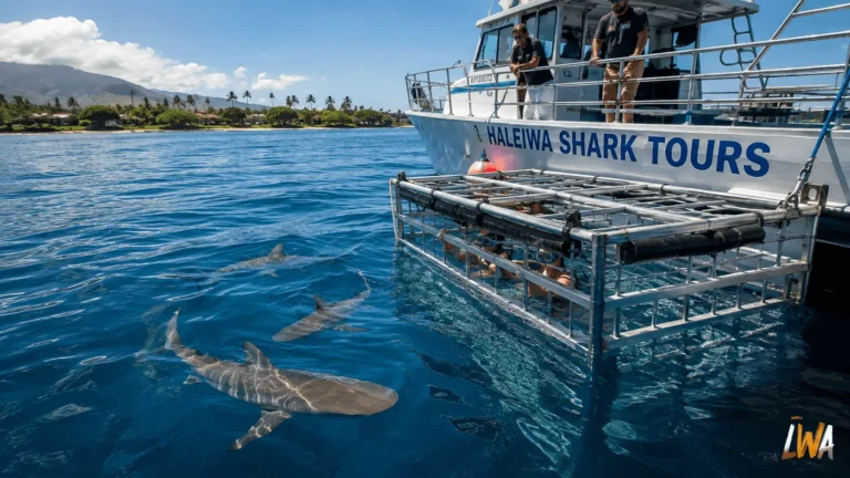 Surface shark cage beside a tour boat off Oahu’s North Shore with wild sharks swimming outside the cage.