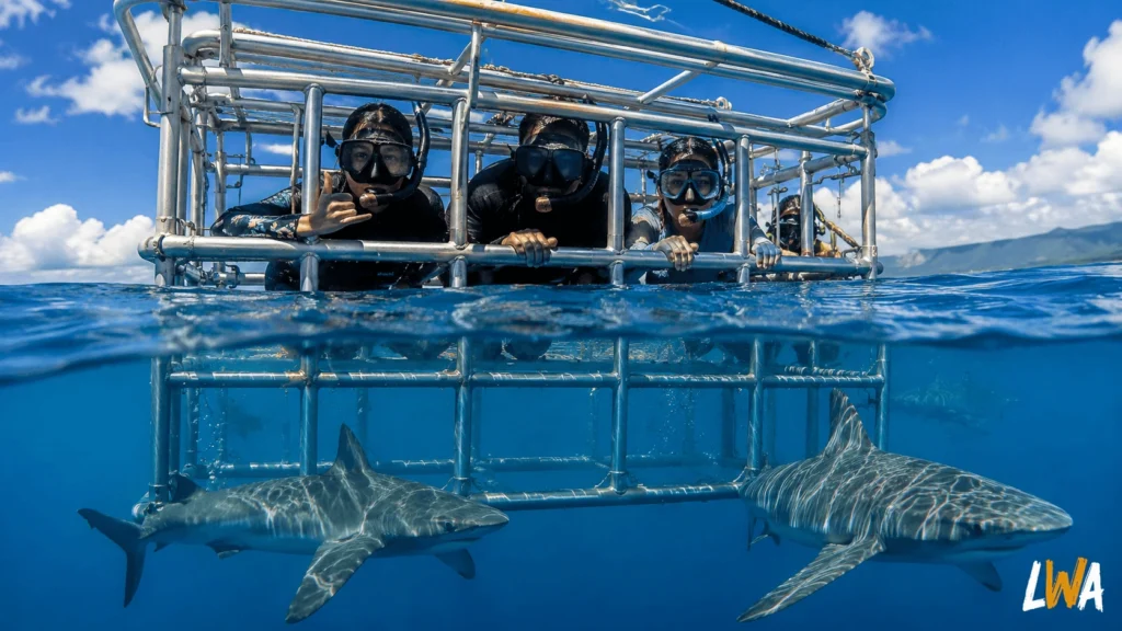 Surface shark cage off Haleiwa on Oahu with snorkelers inside and wild sharks swimming outside