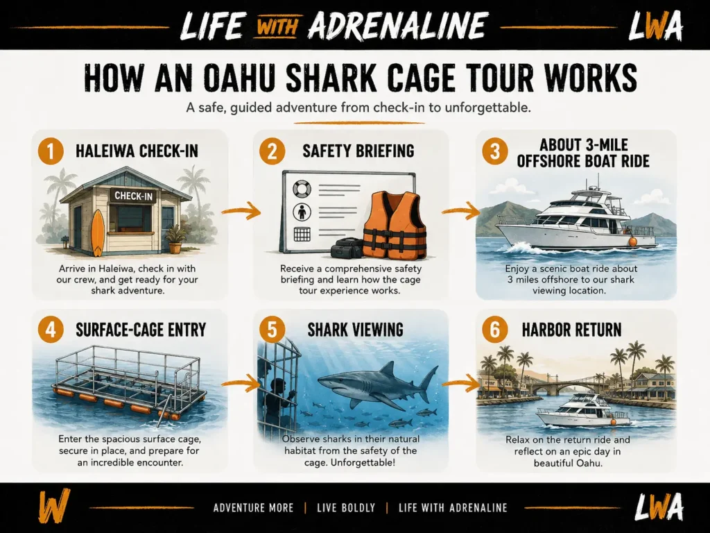 Six-step infographic showing an Oahu shark cage diving tour from Haleiwa check-in to shark viewing and harbor return.