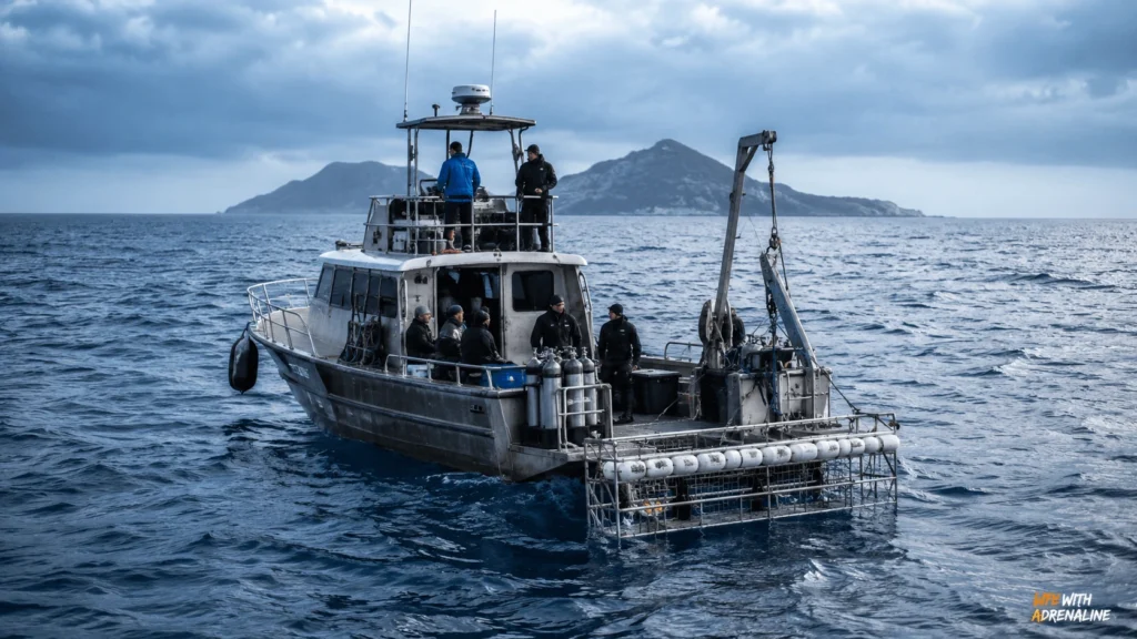 Small offshore shark-diving boat with a cage and a limited passenger group in open water.