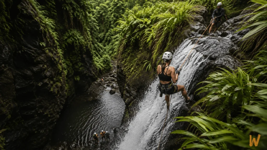 Participant rappelling down a waterfall during a guided waterfall rappelling tour in Maui, Hawaii.