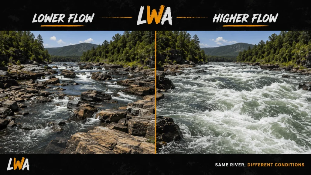 Side-by-side comparison of the same whitewater river at lower and higher water flows with changing rapids and exposed rocks.