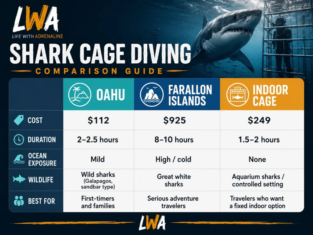 Comparison graphic showing Oahu, the Farallon Islands, and indoor shark cage options by cost, duration, exposure, and environment