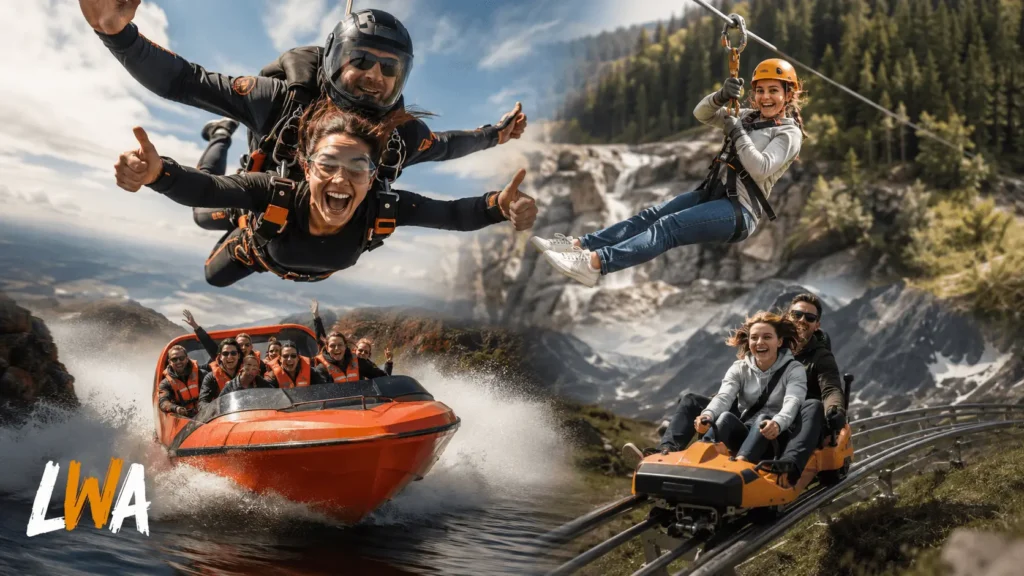 Beginners tandem skydiving, ziplining, riding a high-speed jet boat, and enjoying an alpine coaster.