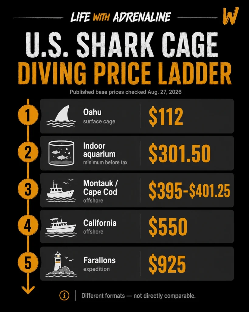 Infographic comparing published U.S. shark cage diving costs by trip format, from Oahu surface cage tours to Farallon expedition rates.