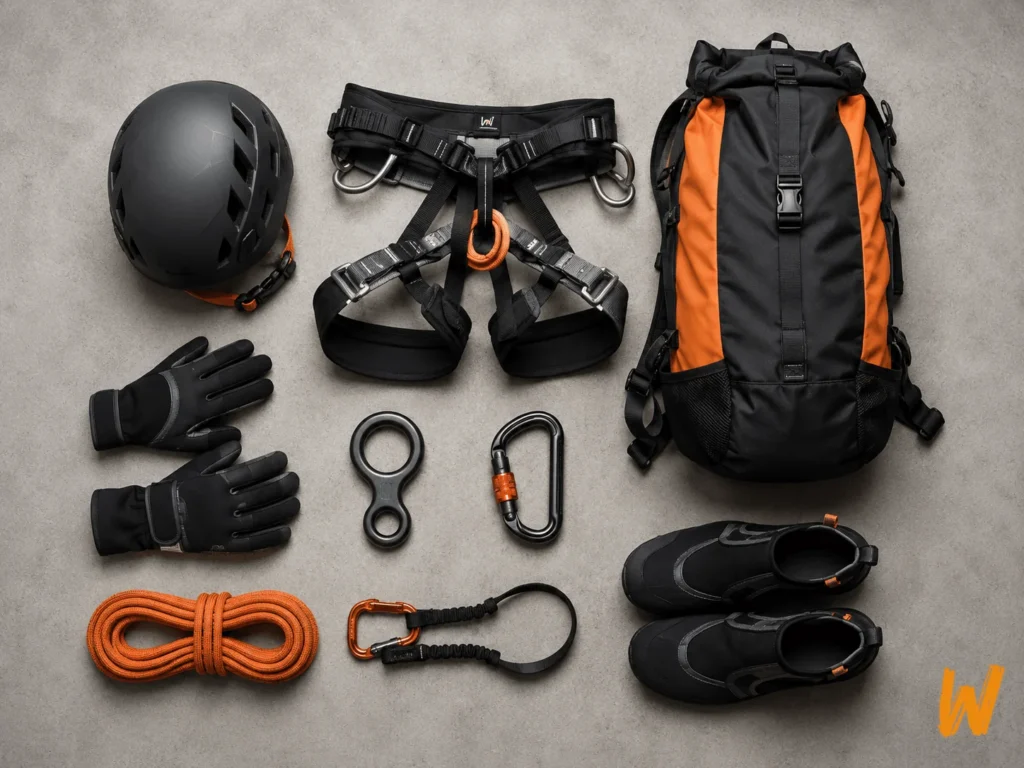 Helmet, harness, rappel device, gloves, and water footwear used for guided canyoning.
