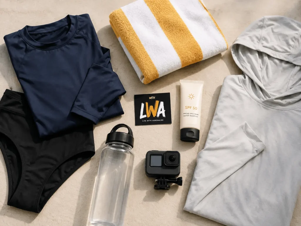 Swimsuit, towel, sunscreen, dry layer, water bottle, and action camera for an Oahu shark cage tour.