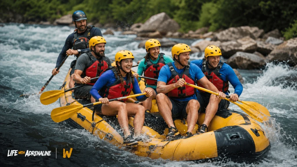 First-time guided whitewater rafters wearing quick-dry clothing, helmets, PFDs, and secure river shoes in moderate rapids.