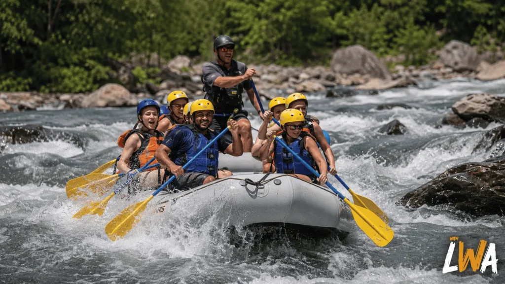 Guided rafting crew paddling through moderate whitewater with a river guide steering from the rear.