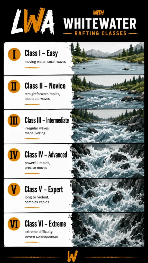 whitewater rafting classes explained infographic showing Class I through Class VI with increasing waves, obstacles and river difficulty.