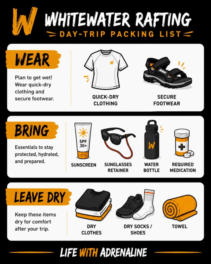 Whitewater rafting day-trip packing list showing what to wear, what to bring, and what to leave dry after the trip.