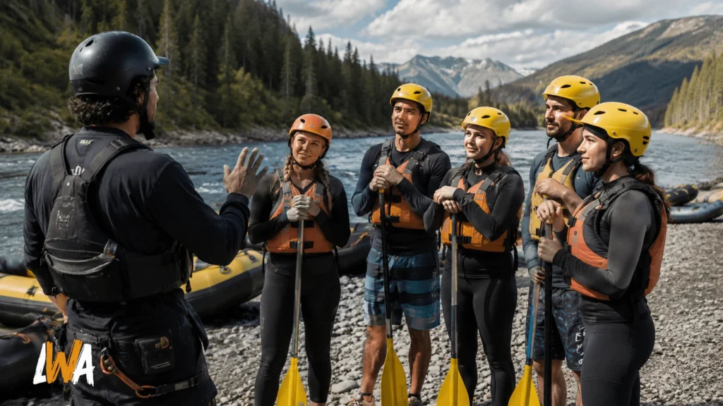 Rafting guide giving first-time guests a pre-trip safety briefing beside rafts while wearing helmets and personal flotation devices.