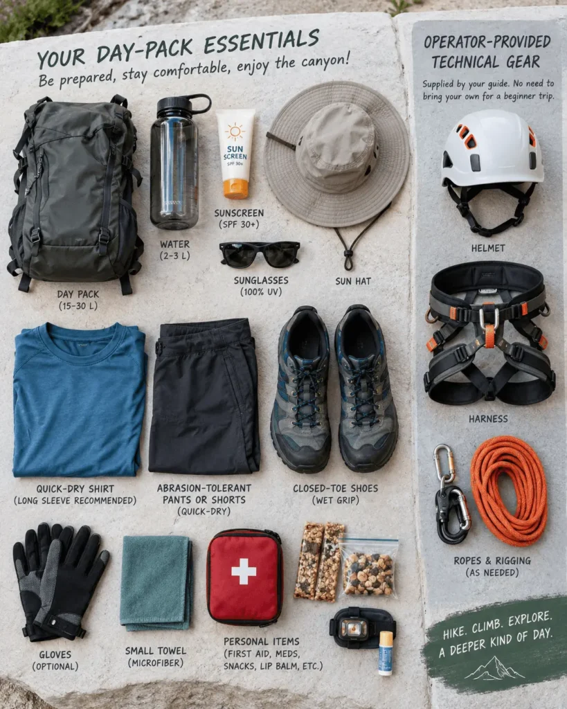 Beginner canyoneering day-pack essentials with closed-toe shoes, water, sun protection, quick-dry clothing, and operator-provided technical gear