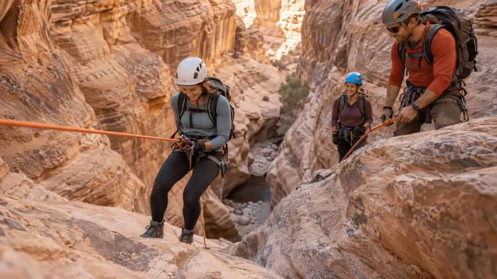 First-time guided canyoneer rappelling in a sandstone canyon in the American Southwest with a helmet, harness, and guide nearby