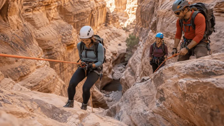 First-time guided canyoneer rappelling in a sandstone canyon in the American Southwest with a helmet, harness, and guide nearby