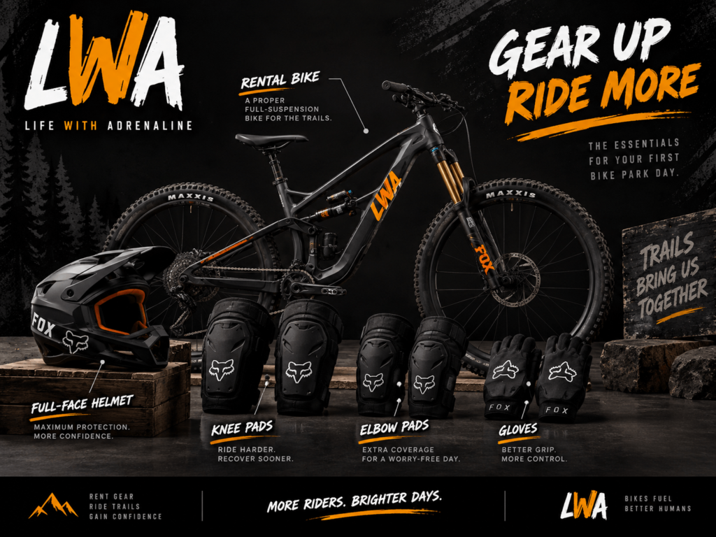 Full-suspension mountain bike with full-face helmet, knee pads, elbow pads and gloves for bike park riding