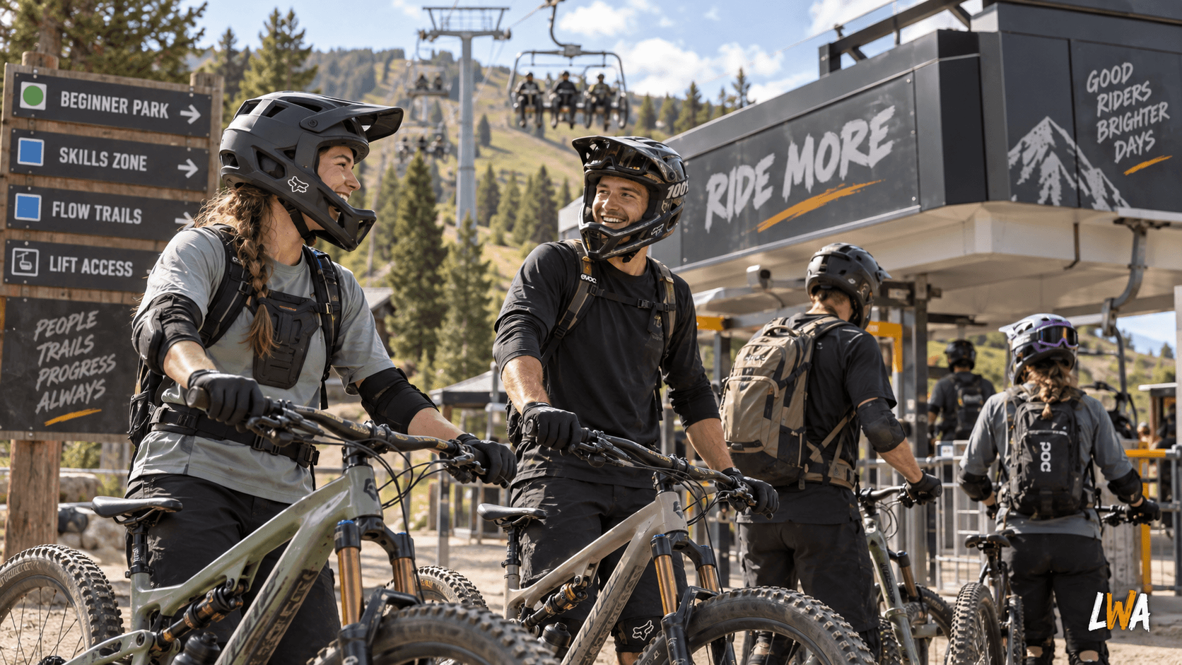 Beginner mountain bikers with full-suspension bikes at a lift-served bike park