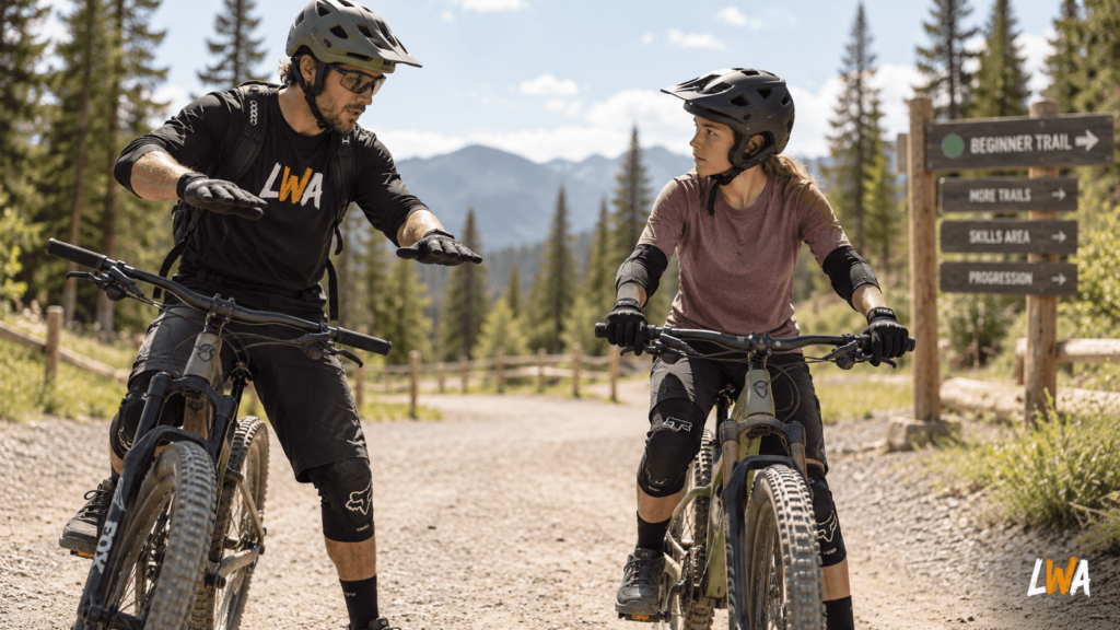 Mountain bike instructor coaching a beginner rider on an easy bike park trail