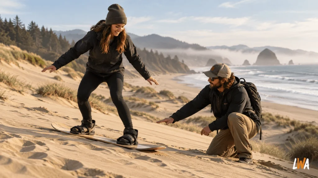 Beginner learning to sandboard on coastal dunes in Oregon