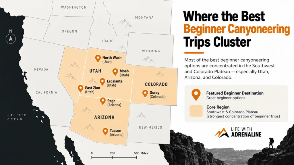 Map showing best canyoneering trips destinations in Moab, East Zion, Escalante, North Wash, Page, Ouray, and Tucson