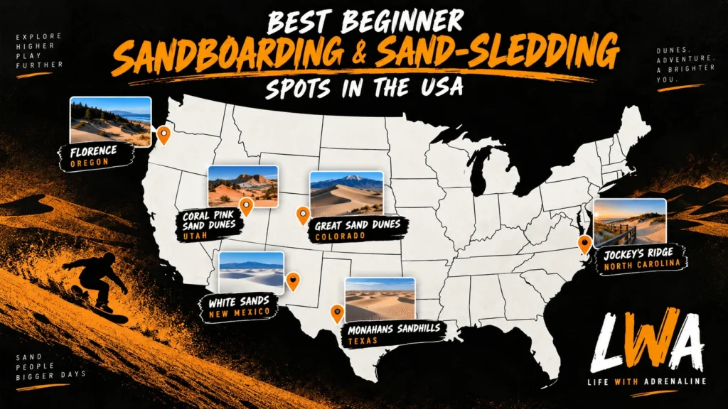 Map showing six sandboarding places across the USA