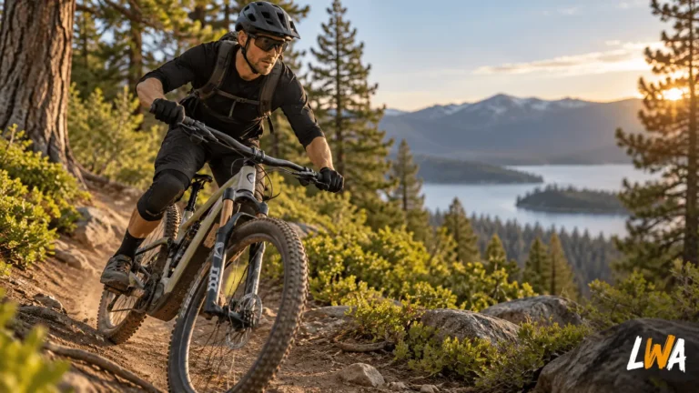 Rider on a Class 1 full-suspension electric mountain bike on U.S. singletrack