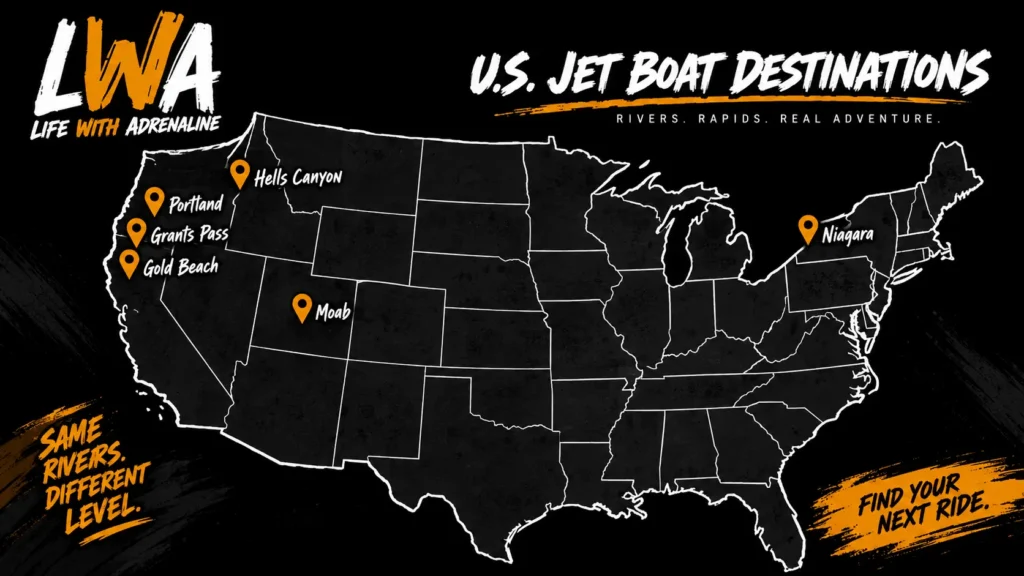 Map of the United States marking Best Jet Boat Rides destinations : Niagara, Moab, Portland, Grants Pass, Gold Beach and Hells Canyon jet boat destinations