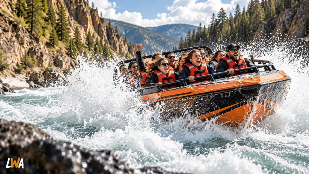 Open jet boat carrying passengers through whitewater rapids on a U.S. river