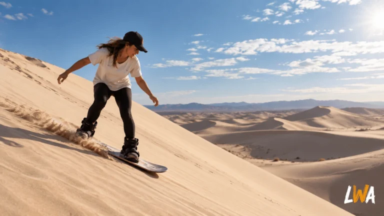 Beginner riding a sandboard down a large U.S. sand dune