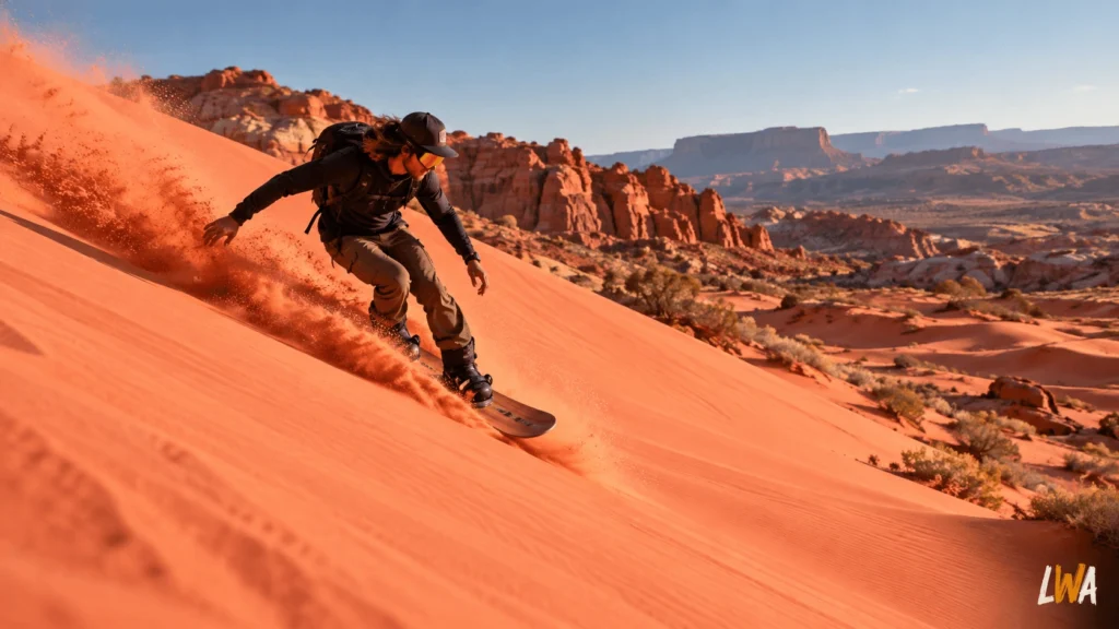 Sandboarder riding coral-colored dunes in southern Utah