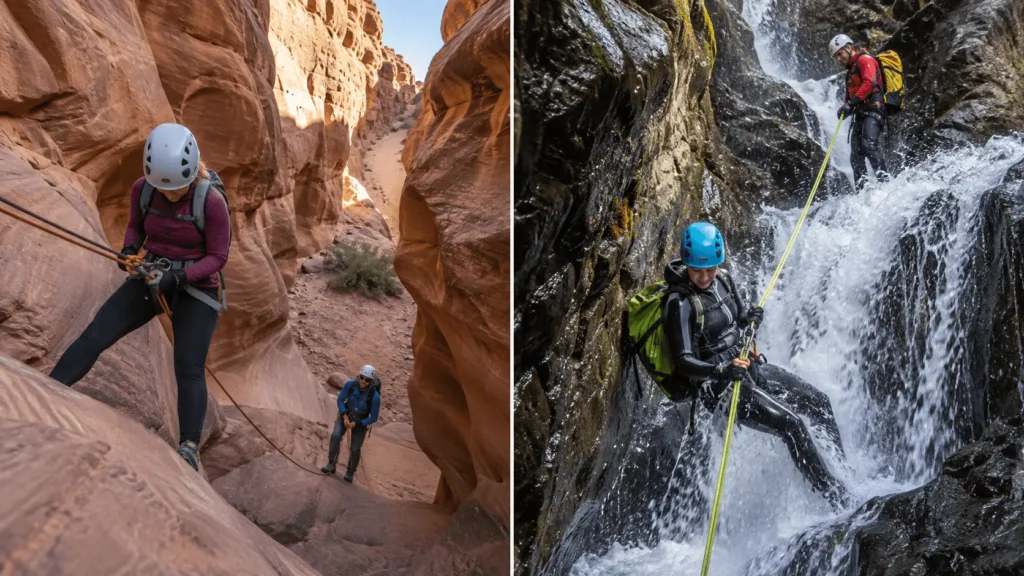 Side-by-side comparison of dry sandstone canyoneering and wet waterfall canyoning for beginners