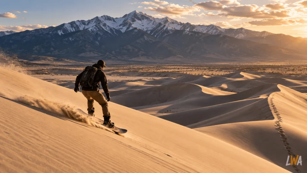 Sandboarder at Great Sand Dunes National Park with Colorado mountains behind