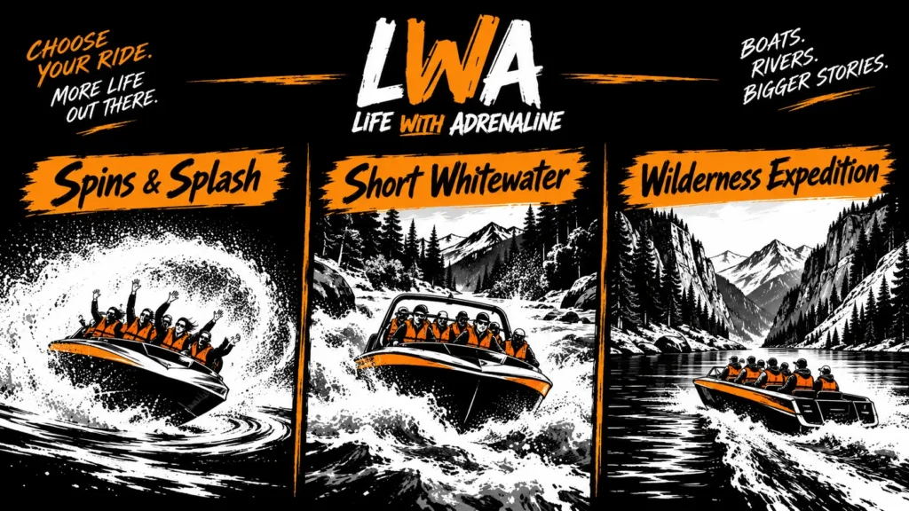 Three-part graphic comparing spin-and-splash jet boat rides, short whitewater rides, and wilderness jet boat expeditions