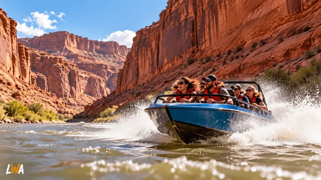Small blue jet boat speeding along the Colorado River beneath red sandstone cliffs near Moab