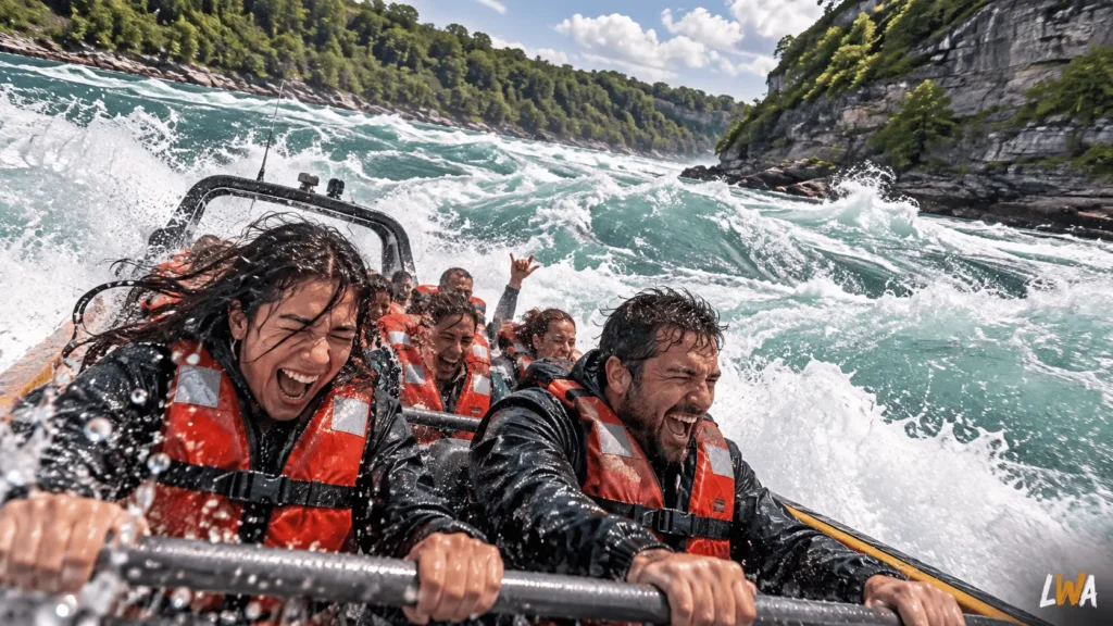 Open jet boat riders getting soaked in turbulent whitewater in a Niagara-style river gorge