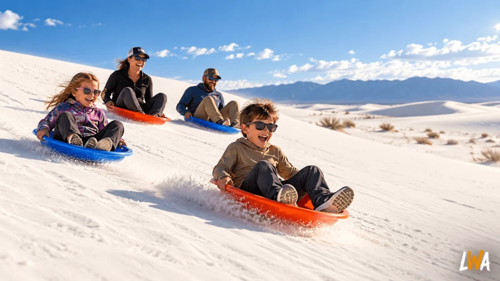 Family sand sledding on white gypsum dunes in New Mexico